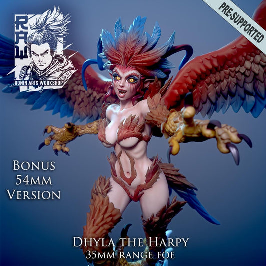 Royal Harpy Dhyla by RoninArtsWorkshop is a 35mm miniature from WintersailMiniatures, depicting a winged avian female foe with talons, originally cast in unpainted grey resin.