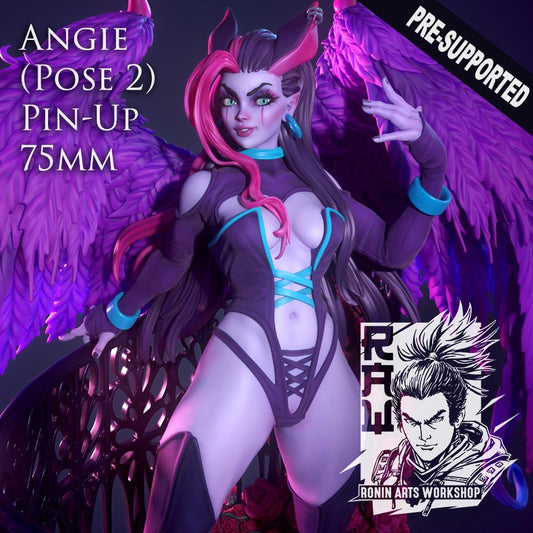 A 3D-rendered, unpainted grey resin model of Angie (Pose 2), a winged female character with purple wings in a revealing outfit, by RoninArtsWorkshop, from WintersailMiniatures, in 75mm scale.