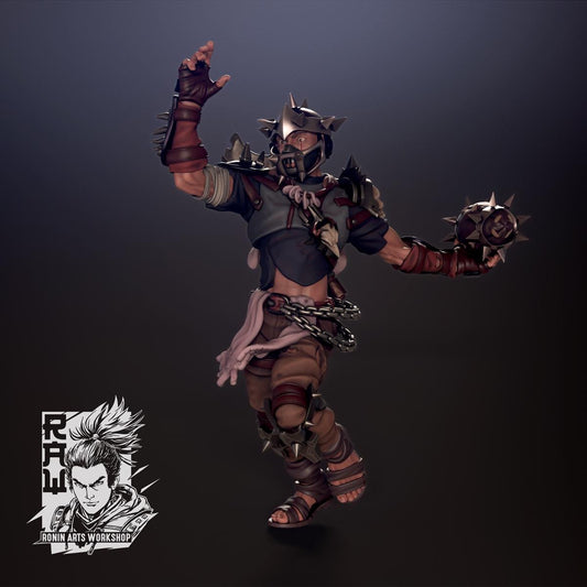 Buran the Stonecrow Hunter by RoninArtsWorkshop, from WintersailMiniatures, is an unpainted grey resin miniature featuring a dynamic warrior in spiked armor, gauntlets, and chains wielding a spiked mace. Logo visible.