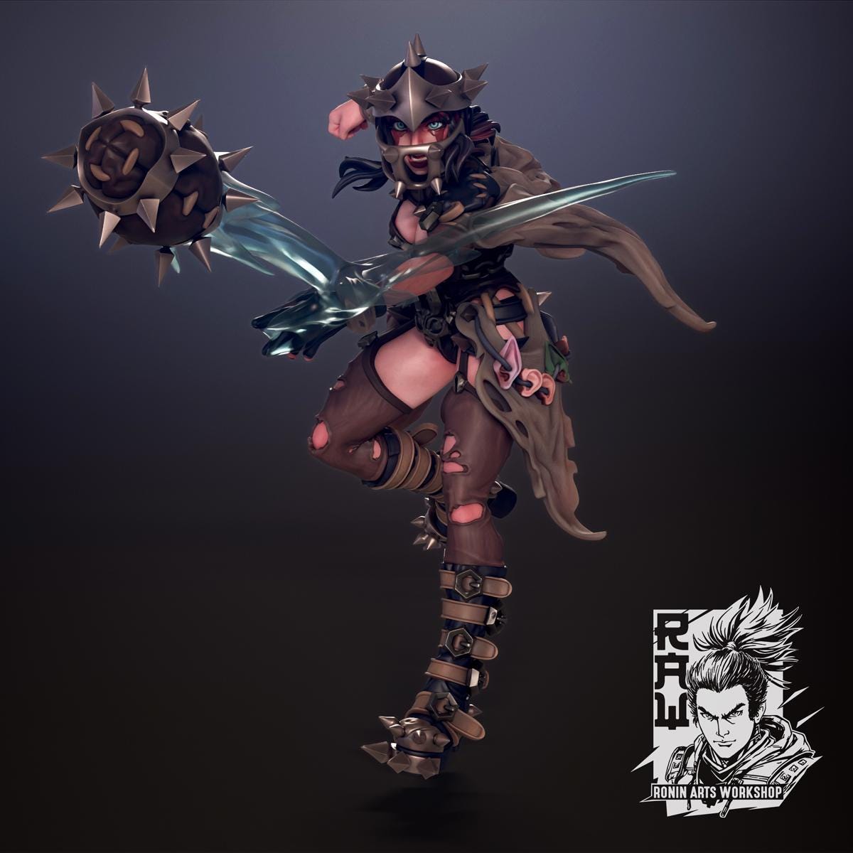 Shibel the Stonecrow Shaman by WintersailMiniatures shows a stylized armored female warrior in a dynamic pose with a spiked mace and clawed gauntlet. This unpainted model features the Ronin Arts Workshop logo in the corner.