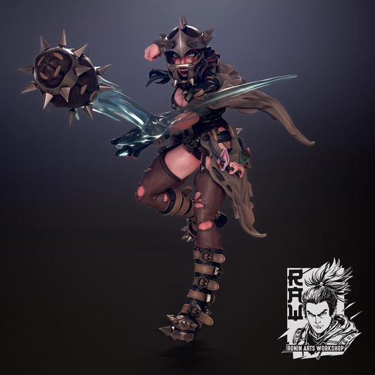 Shibel the Stonecrow Shaman by WintersailMiniatures shows a stylized armored female warrior in a dynamic pose with a spiked mace and clawed gauntlet. This unpainted model features the Ronin Arts Workshop logo in the corner.