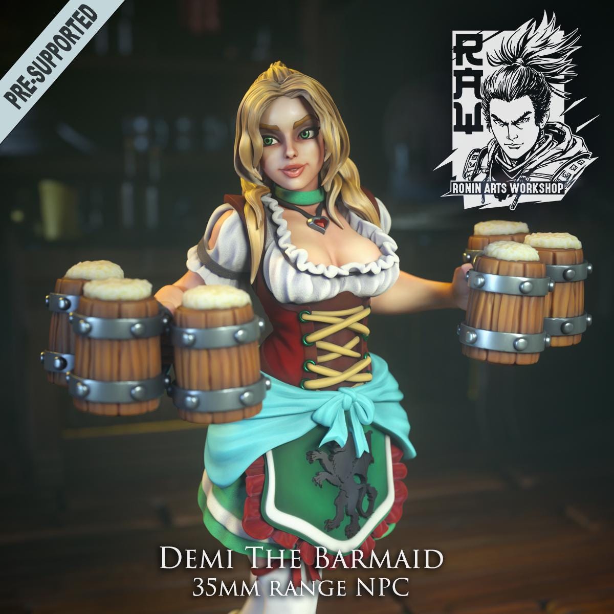 Demi, a 3D female barmaid figurine by RoninArtsWorkshop and WintersailMiniatures, holds four beer mugs in a traditional dress with apron. This unpainted 35mm NPC model is perfect for tabletop games.