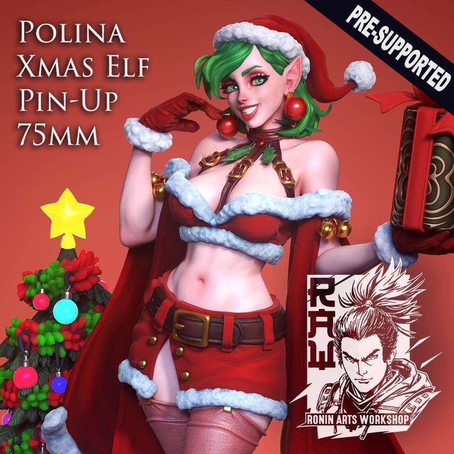A festive female elf in a Santa-themed outfit poses with a gift box and candy cane. The Polina figure by RoninArtsWorkshop, from WintersailMiniatures, is an unpainted grey resin model, perfect for holiday displays.