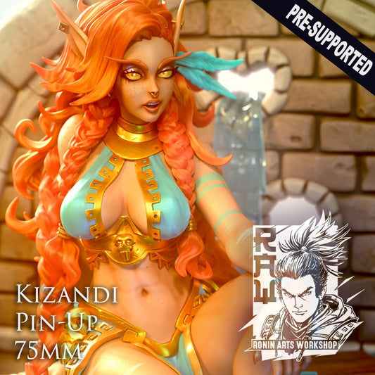 An unpainted Kizandi fantasy female figurine by RoninArtsWorkshop, offered by WintersailMiniatures, features long orange hair and aqua-gold armor, crafted in high-quality grey resin, and stands before a stone wall.