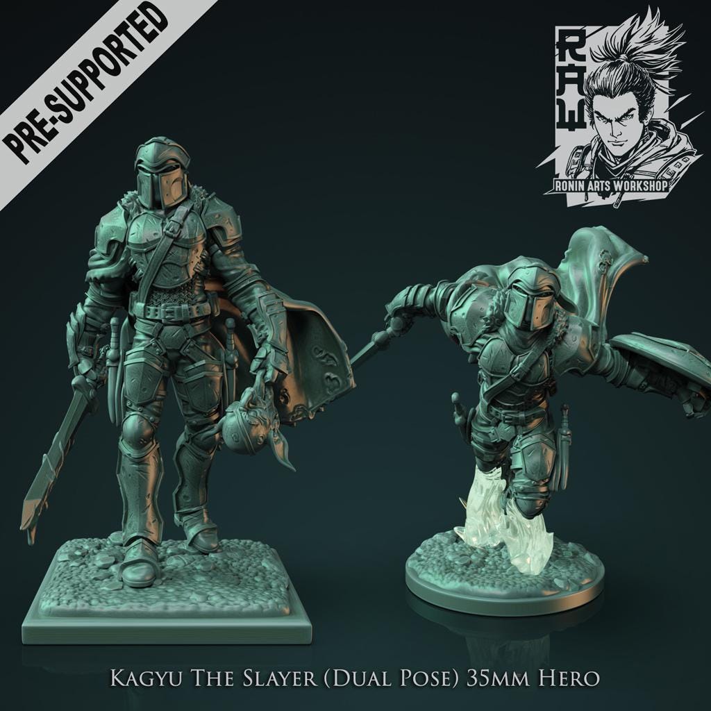 3D render of Kagyu the Slayer | by Ronin Arts Workshop, a 3D printed resin model from WintersailMiniatures, shown unpainted in two poses: standing armed with shield, and leaping mid-air.