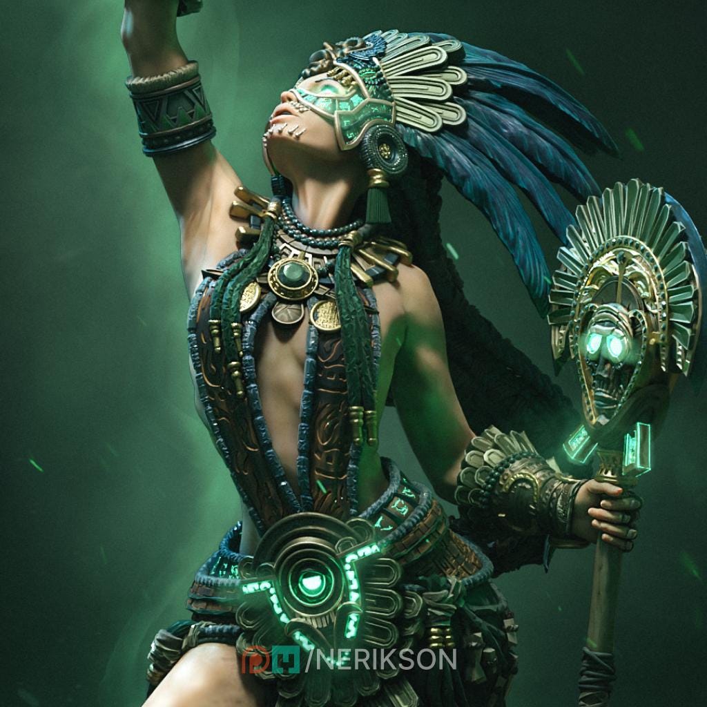 Necalin the Priestess of Death by Nerikson, from WintersailMiniatures, stands in ornate Aztec-inspired armor and a feathered headdress, holding a glowing staff against a dark green backdrop—available on MyMiniFactory.
