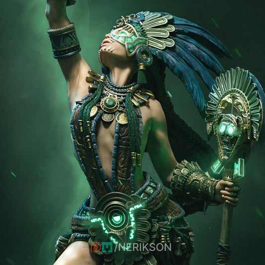 Necalin the Priestess of Death by Nerikson, from WintersailMiniatures, stands in ornate Aztec-inspired armor and a feathered headdress, holding a glowing staff against a dark green backdrop—available on MyMiniFactory.