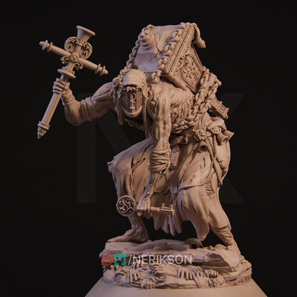 Undead Keeper by Nerikson, from WintersailMiniatures: a detailed 32mm miniature of a hunched figure with chained book, staff, and key, set in dark tones. Includes a printed base. Part of the Nerikson STL collection.