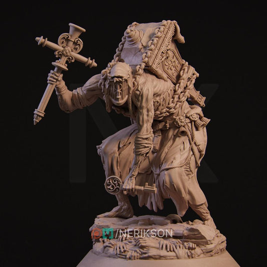 Undead Keeper by Nerikson, from WintersailMiniatures: a detailed 32mm miniature of a hunched figure with chained book, staff, and key, set in dark tones. Includes a printed base. Part of the Nerikson STL collection.