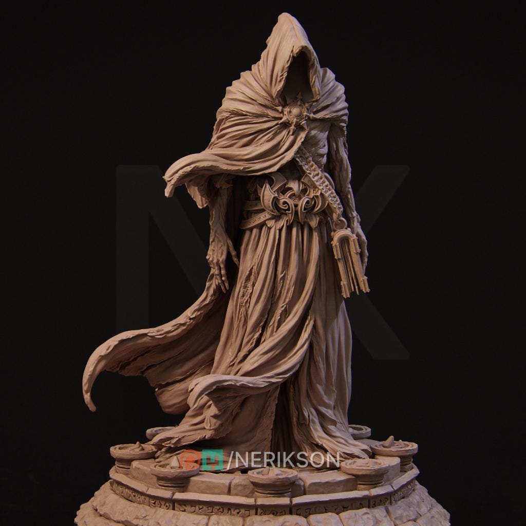 The Undead Sorcerer by Nerikson (WintersailMiniatures) stands hooded and robed on a circular base, holding keys and a chain—faceless, with flowing fabric—ideal as an STL 3D print for your next project.