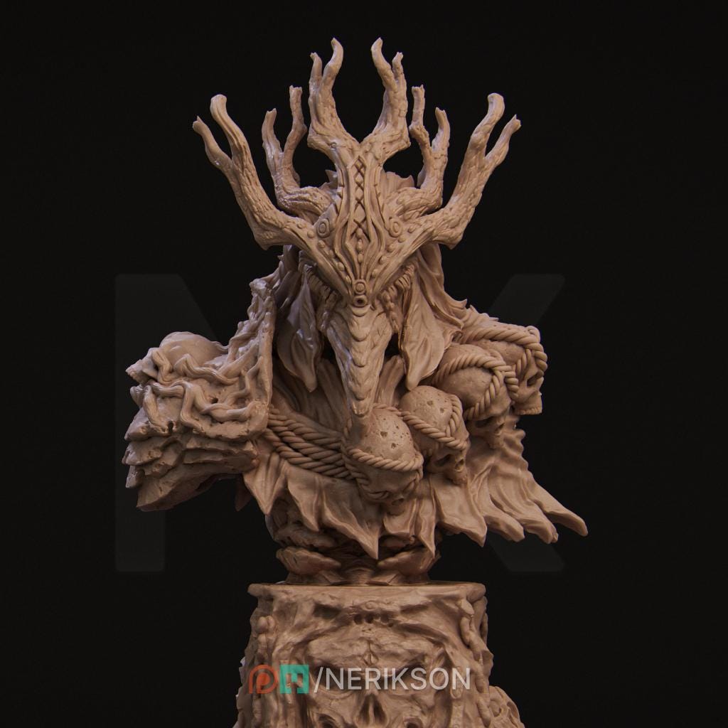 The Famine Bust by Nerikson from WintersailMiniatures is an unpainted, unassembled fantasy miniature featuring a deer-like skull mask with antlers and intricate armor, displayed on a pedestal against a black background.