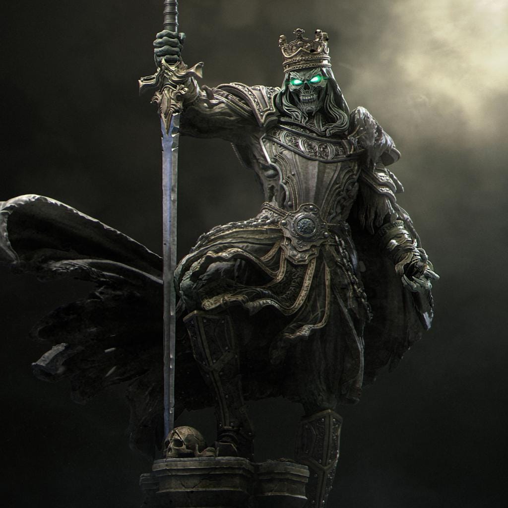 Shattered King by Nerikson (WintersailMiniatures) features a skeletal monarch in ornate armor with a crown and sword—ideal as a fantasy miniature or 3D printable model for dark, misty tabletop adventures.