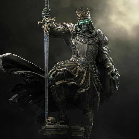 Shattered King by Nerikson (WintersailMiniatures) features a skeletal monarch in ornate armor with a crown and sword—ideal as a fantasy miniature or 3D printable model for dark, misty tabletop adventures.