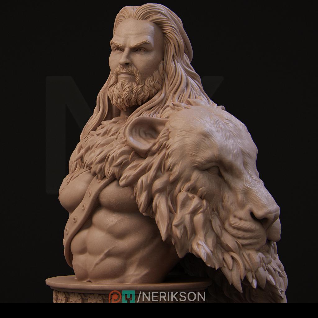 The Heracles Bust by Nerikson from WintersailMiniatures is an unpainted grey resin miniature depicting a muscular man with long hair, draped in a lion’s head and pelt, perfect for collectors and showcasing exceptional detail.