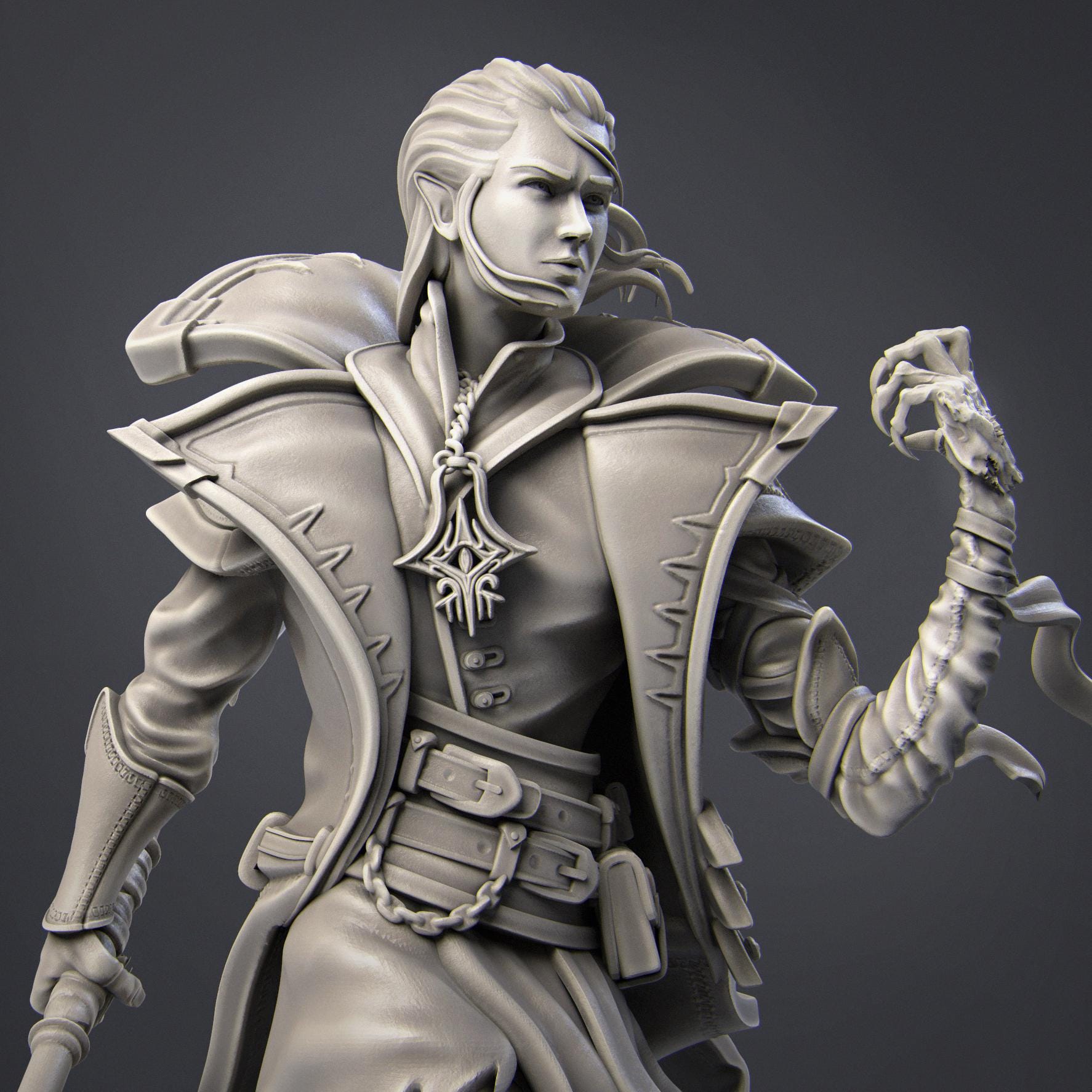 The Vampire Elf Warlock by Nerikson from WintersailMiniatures is a detailed grayscale 3D model with ornate armor and a clawed hand, ideal as an STL file for your next 3D printing project.