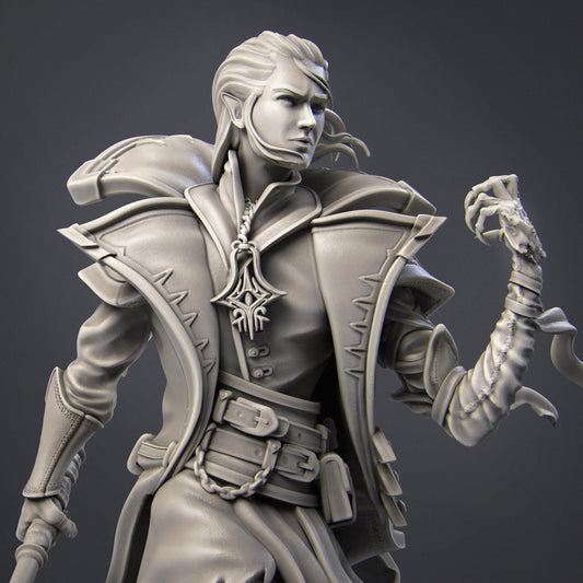The Vampire Elf Warlock by Nerikson from WintersailMiniatures is a detailed grayscale 3D model with ornate armor and a clawed hand, ideal as an STL file for your next 3D printing project.