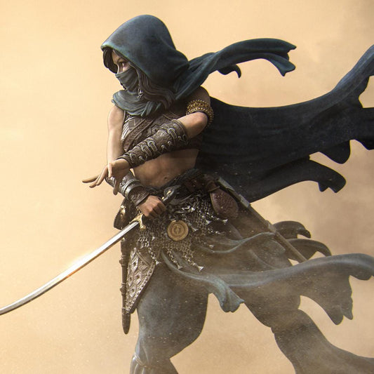 Warrior of the Sands by Nerikson from WintersailMiniatures features a hooded, armored fighter with sword in a windswept desert—ideal as a tabletop model or STL files for 3D printing.