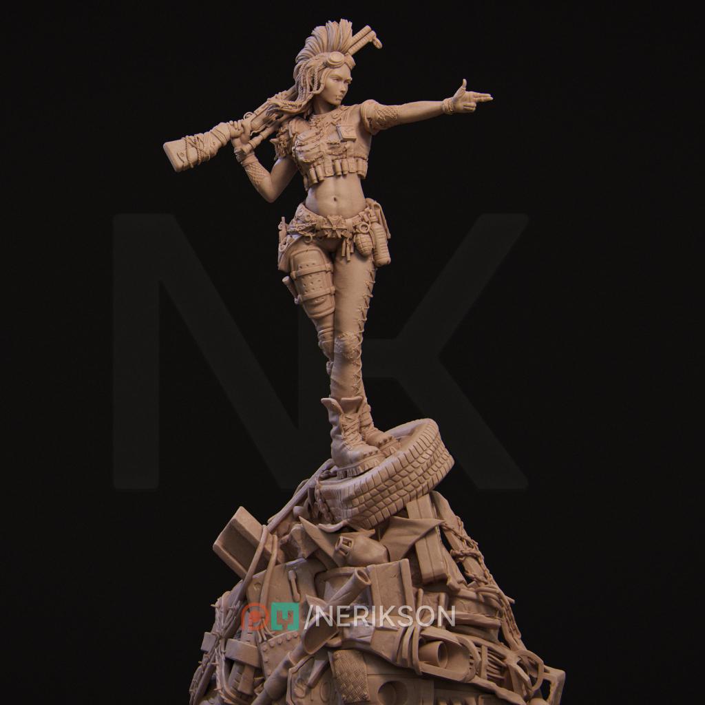 Romana the Wasteland Warrior | Post apocalyptic Female Raider Survivor Fighter Collectible Miniature Statue | 75mm / 140mm | by Nerikson