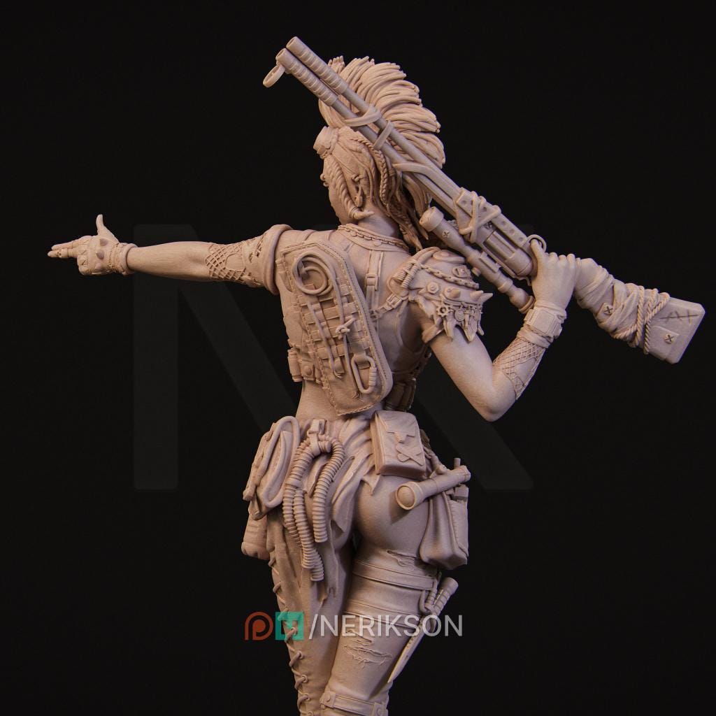 Romana the Wasteland Warrior | Post apocalyptic Female Raider Survivor Fighter Collectible Miniature Statue | 75mm / 140mm | by Nerikson