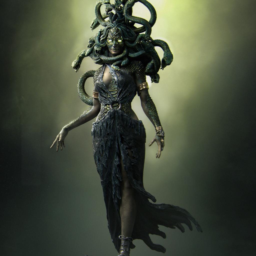 Medusa the Gorgon by Nerikson from WintersailMiniatures stands with snake hair, glowing eyes, and a tattered dress—ideal inspiration for 3D prints or STL models.