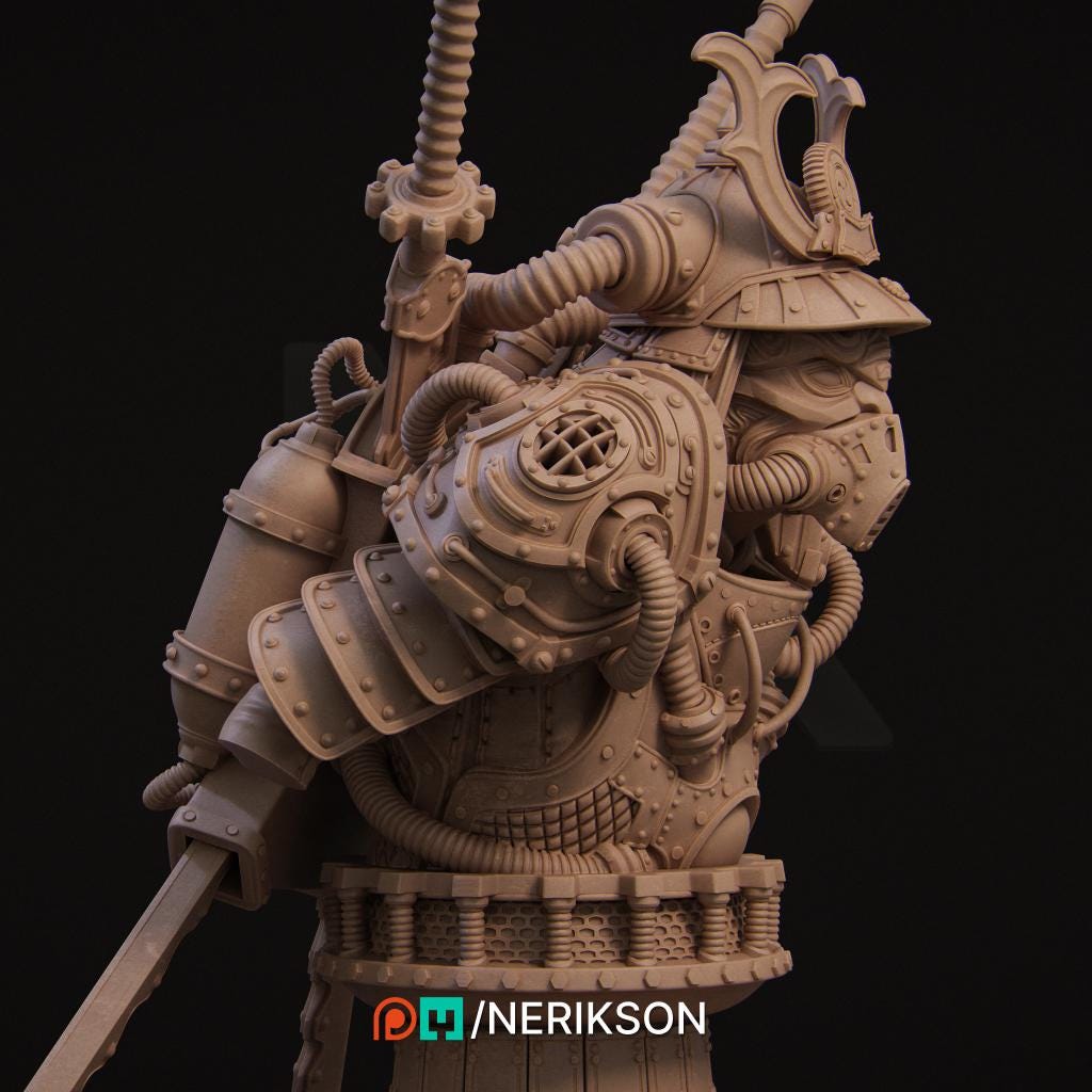 Naojiri Bust | Steampunk Oni Samurai Collectible Sci-fi Bust Statue Miniature | by Nerikson