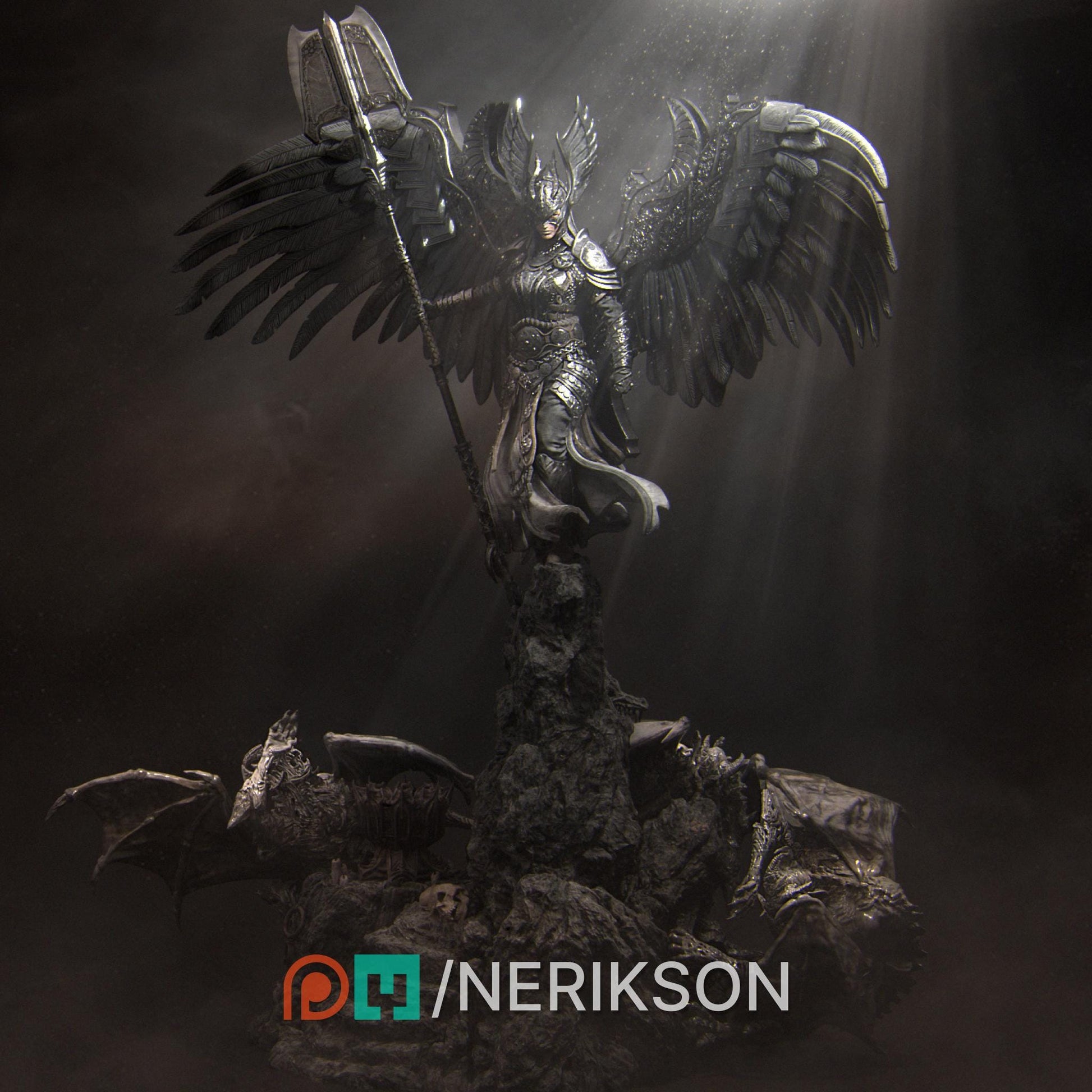 Revna the Angel of Salvation | DnD Female Angel Paladin Knight Collectible Miniature Statue | 75mm / 140mm | by Nerikson