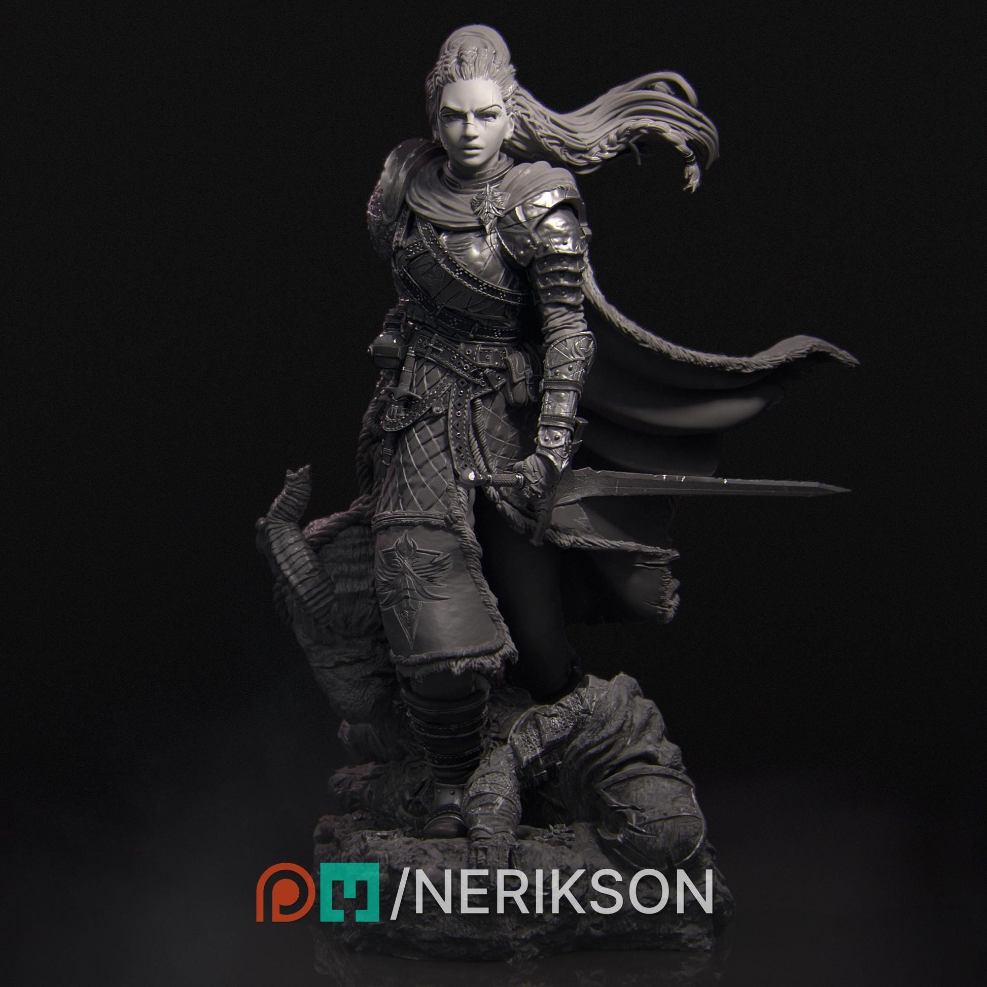 Kalia the Monster Hunter | DnD Female warrior Fighter Collectible Miniature Statue | 75mm / 140mm | by Nerikson
