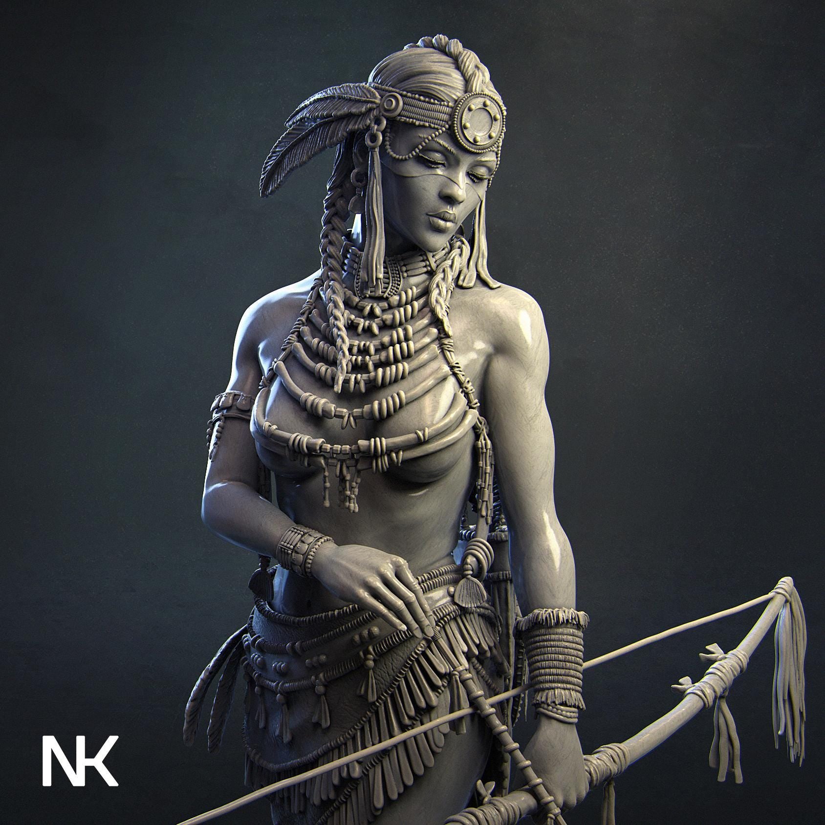 Kora, Tribal Warrior | DnD Female Fighter Collectible Miniature Statue | 75mm / 140mm | by Nerikson