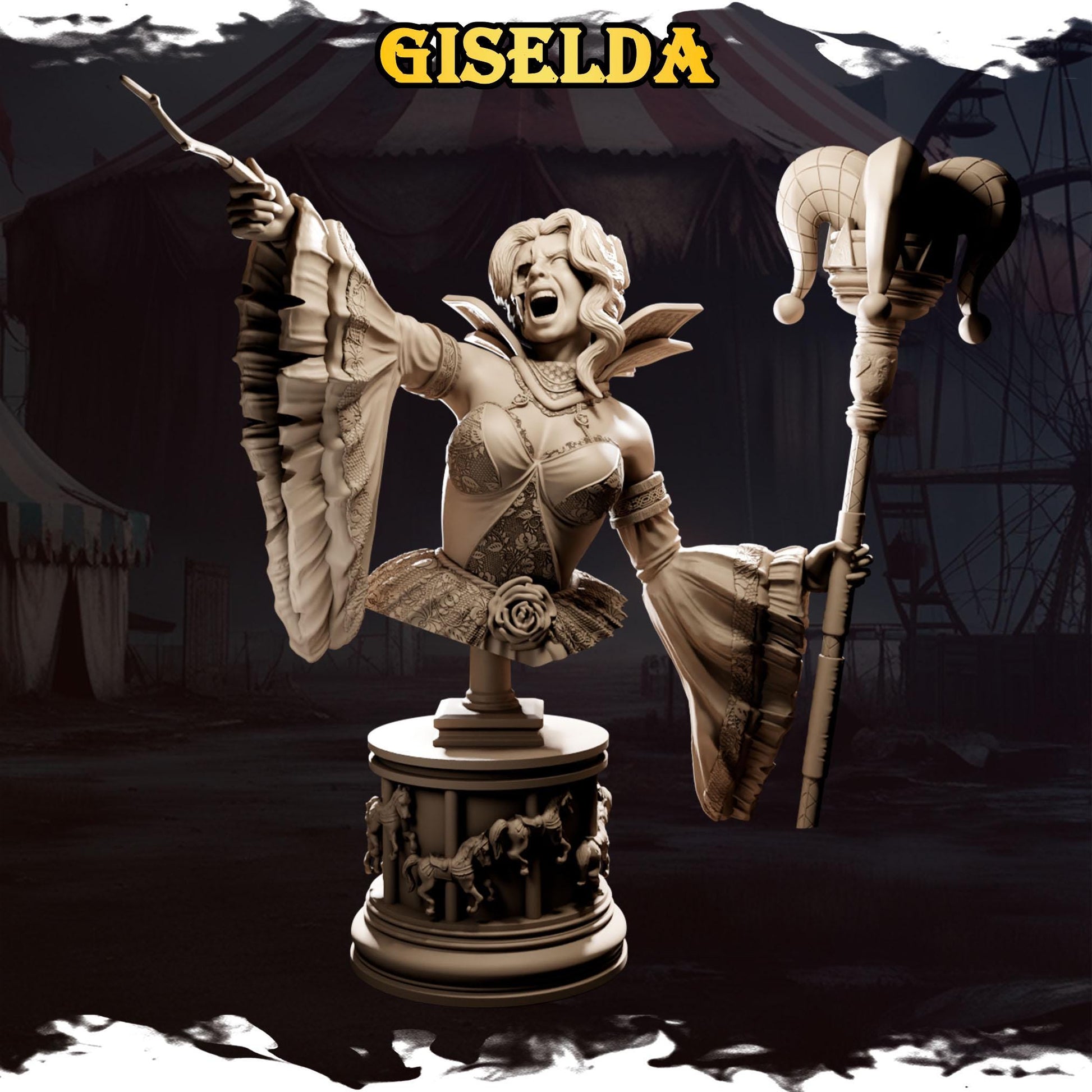 Giselda, the Master of Ceremonies | Female Fantasy Clown Circus of Madness Collectible Miniature | 32mm / 75mm | by Underworld Miniatures