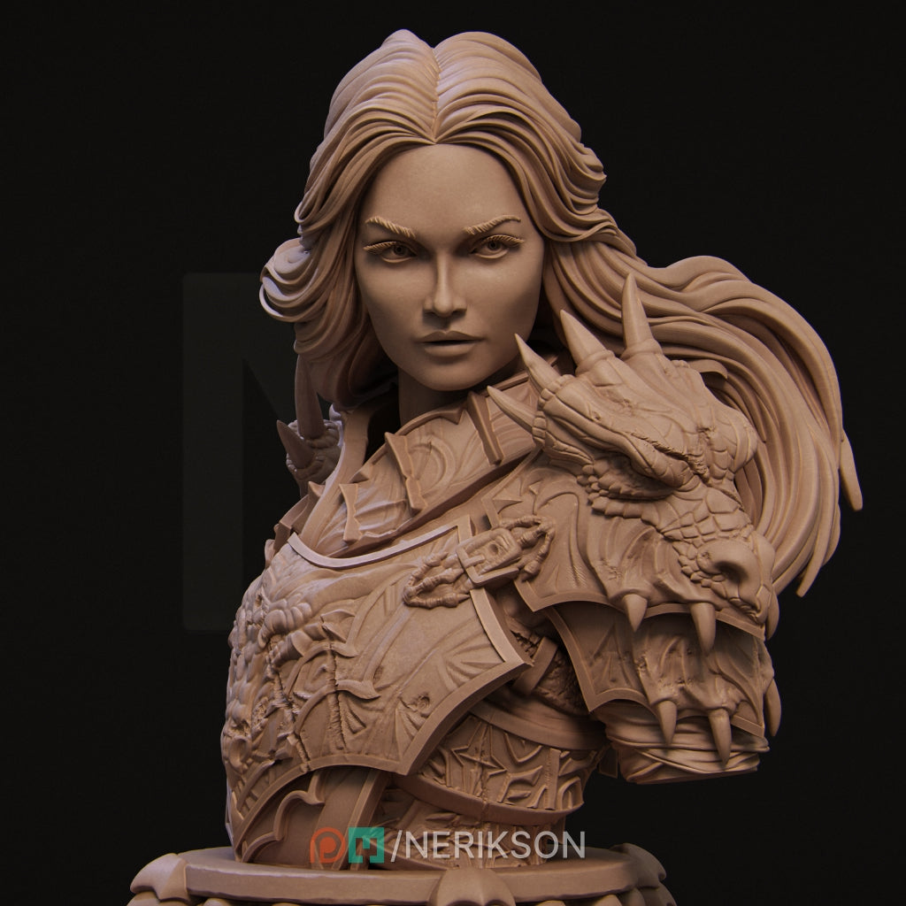 The Aleehra Bust by Nerikson (WintersailMiniatures) is an unpainted grey resin model featuring a woman in armor with a dragon-themed shoulder piece—ideal for miniature and STL collectors.