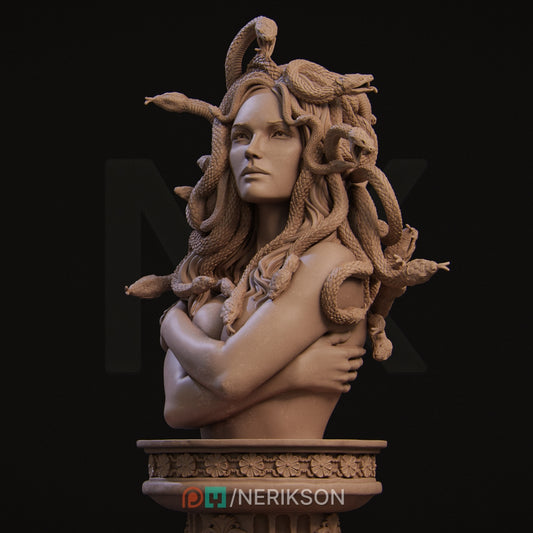 The Medusa Bust by Nerikson from WintersailMiniatures is a grey resin model with snake hair and crossed arms on a decorative pedestal, ideal unpainted for collectors and fans of the Nerikson STL series.