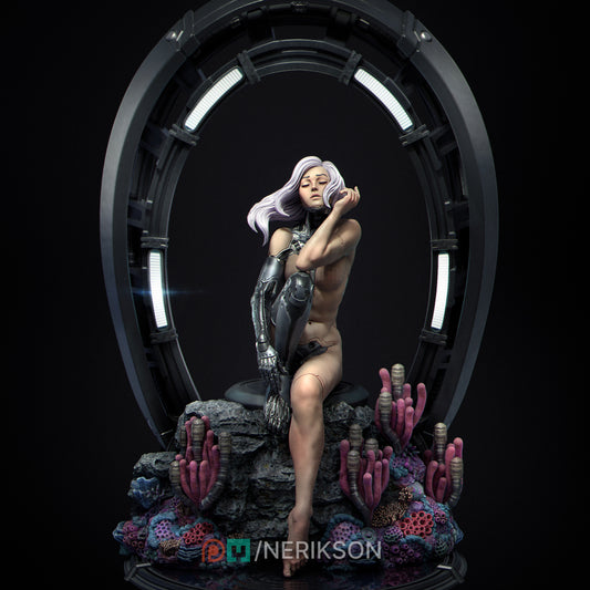 My Identity by Nerikson from WintersailMiniatures features a futuristic female cyborg in grey resin, seated on rocks with coral and framed by an illuminated metallic arch.