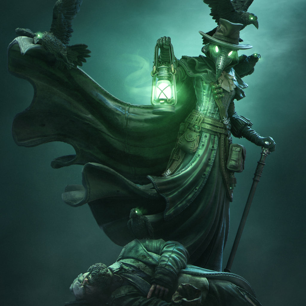 Plague Doctor | by Nerikson from WintersailMiniatures: a detailed grey resin model of a plague doctor with a glowing lantern, standing over a fallen figure amid crows in eerie green light.