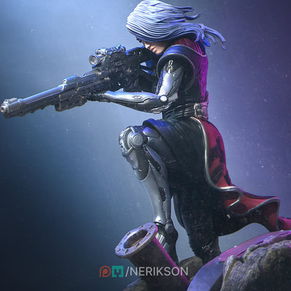 Aryn the Sniper Assassin by WintersailMiniatures: a futuristic female cyborg with flowing silver hair, kneeling on a rock and aiming a large rifle—perfect as an unassembled grey resin model.