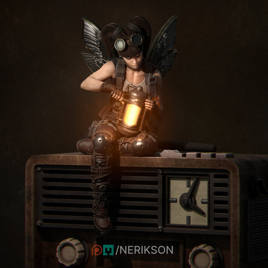 The Tinker Fairy by Nerikson from WintersailMiniatures is an unpainted resin model featuring a steampunk fairy with goggles and wings sitting on a vintage radio, holding a glowing lantern—ready for collectors to customize.