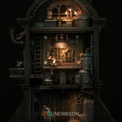 The Tinker Fairy Diorama by Nerikson from WintersailMiniatures is a steampunk cutaway clock in diorama scale, featuring gears, pipes, and a lantern-holding figure—an intricate unpainted resin model ready for customization.