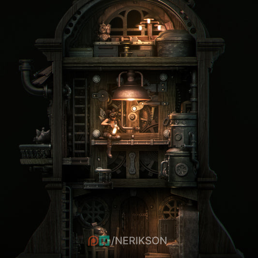 The Tinker Fairy Diorama by Nerikson from WintersailMiniatures is a steampunk cutaway clock in diorama scale, featuring gears, pipes, and a lantern-holding figure—an intricate unpainted resin model ready for customization.
