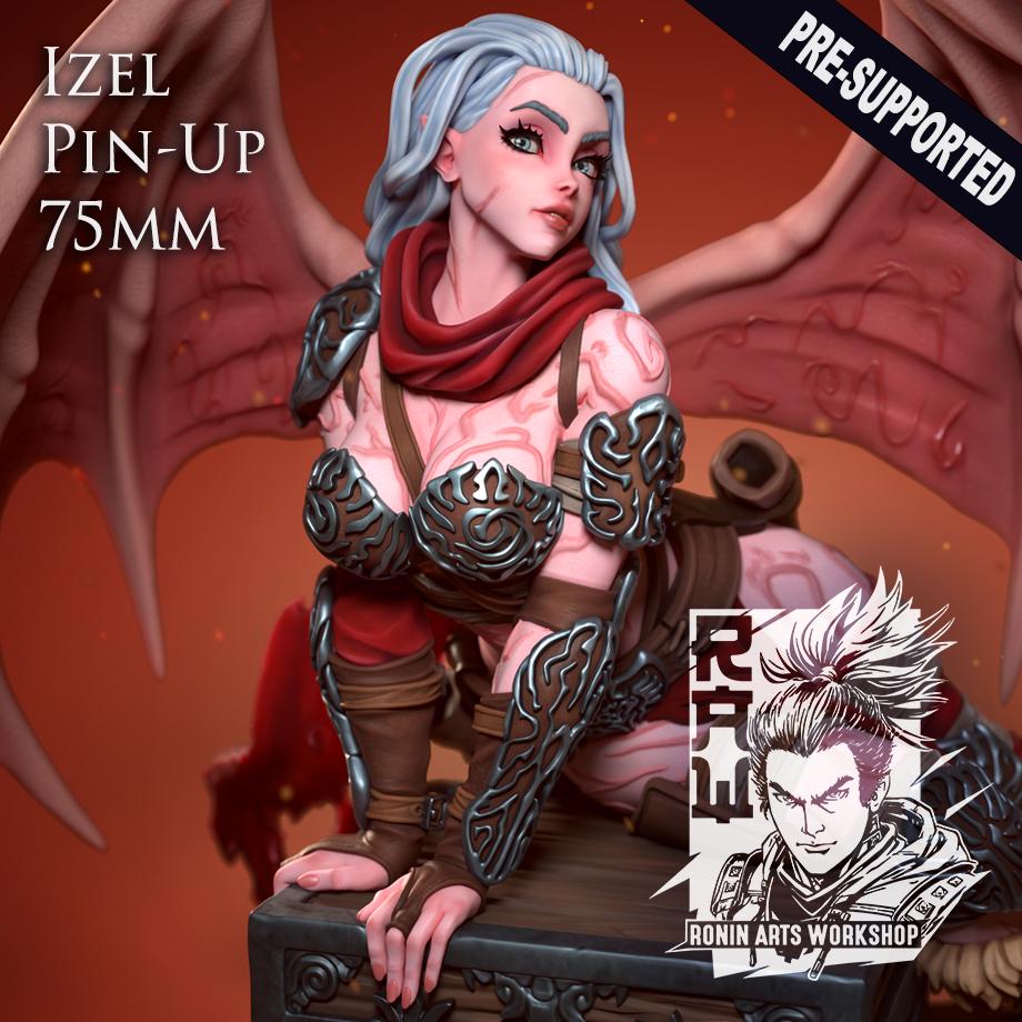 Izel the Barbarian Succubus by RoninArtsWorkshop from WintersailMiniatures: a detailed grey resin 75mm fantasy female warrior with wings, armor, and red scarf—ideal unpainted miniature for collectors.