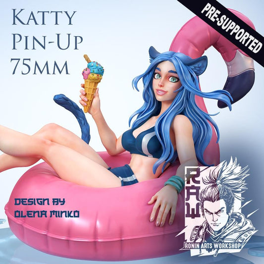3D-rendered anime-style cat girl with blue hair and ears in a bikini sits on a pool float with ice cream. Unpainted grey resin Katty | DnD Fantasy Beastkin Monstergirl Miniature (54mm/75mm) by WintersailMiniatures, RoninArtsWorkshop.
